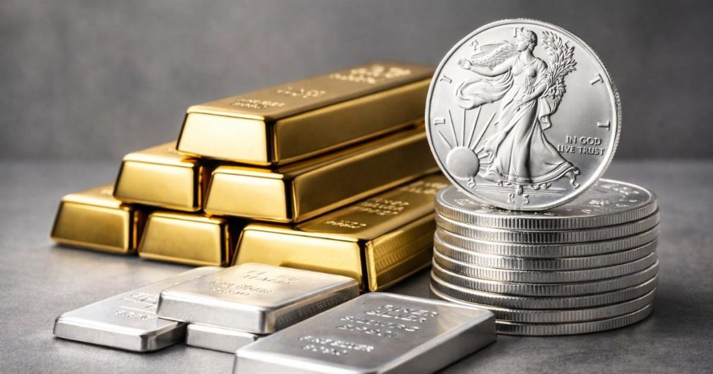 gold silver price trends showing stacked gold bars and silver coins in the precious metals market